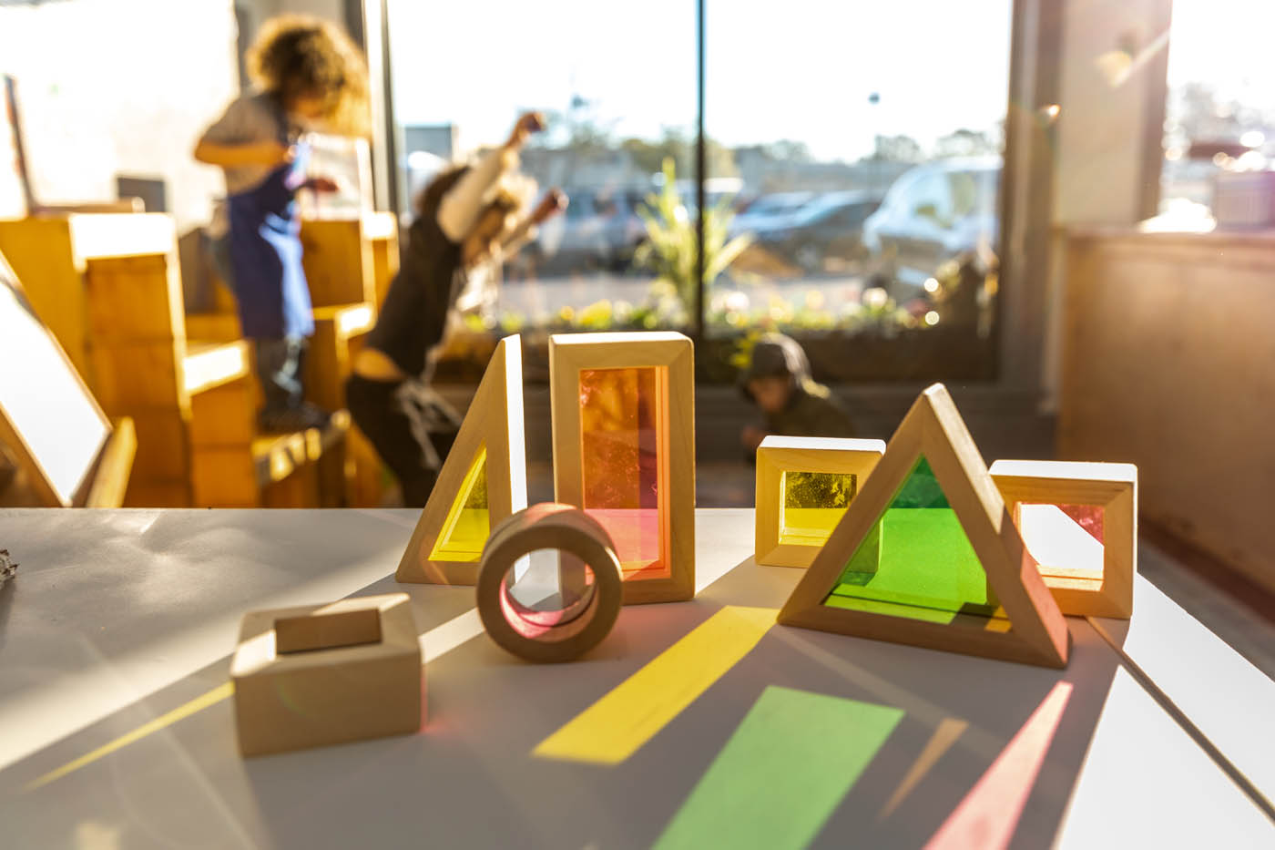 Building blocks with the sun shining through them at Kids Garden's play school.